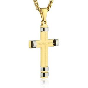 Gold Philippians 4:13 Cross Pendant STRENGTH Bible Verse Steel Necklace